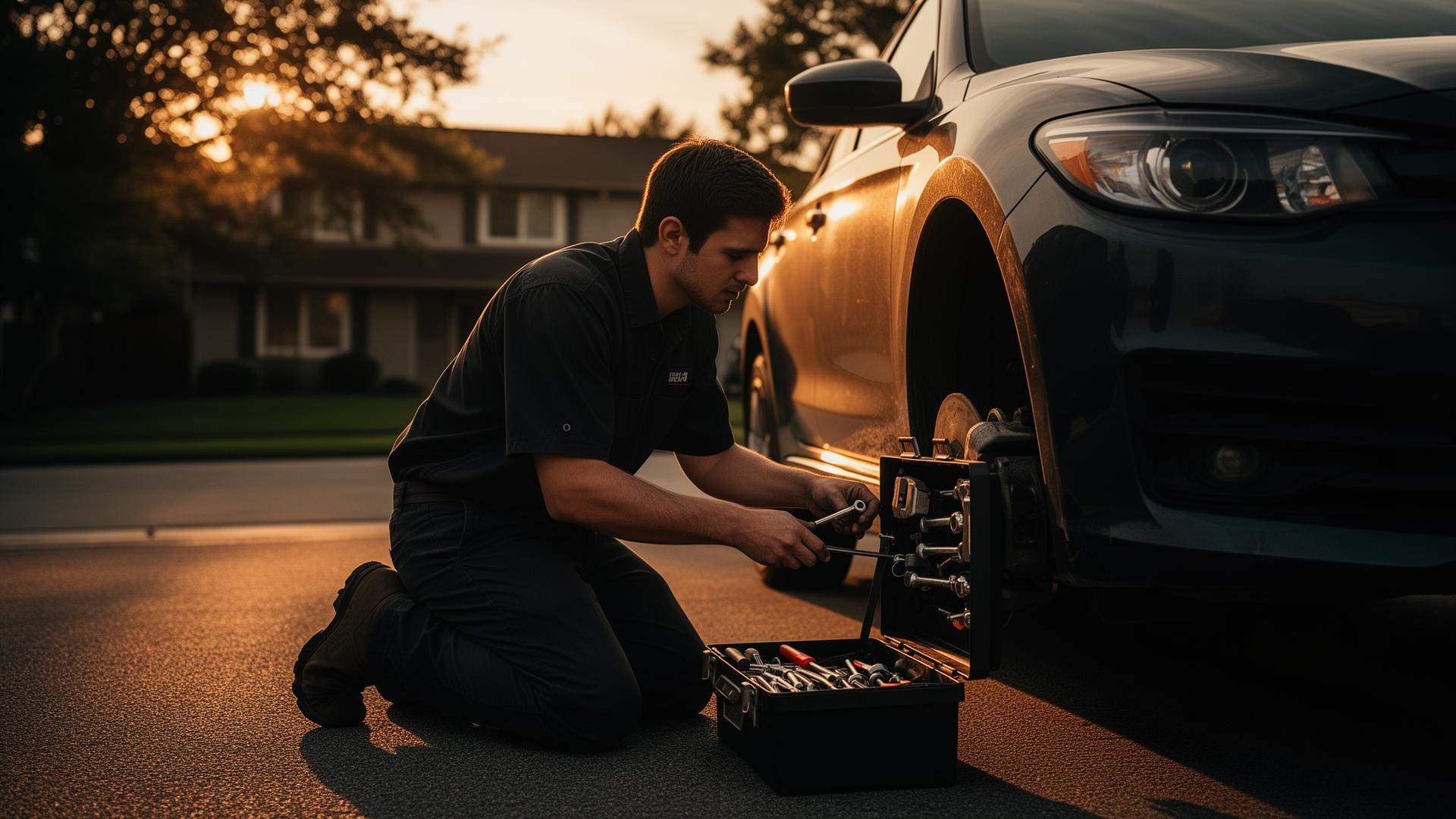 Mobile mechanic working on a car in a driveway at sunset